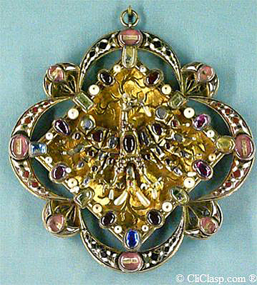 Reliquary clasp to close a book, from Bohemia (actual part of Czech Republic, central Europe), XIV century, silver gold plated, enameled, engraved, pearls and stones