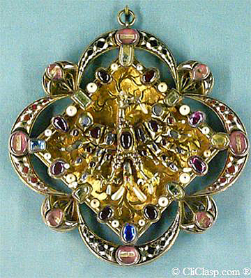 Reliquary clasp to close a book, from Bohemia (actual part of Czech Republic, central Europe), XIV century, silver gold plated, enameled, engraved, pearls and stones